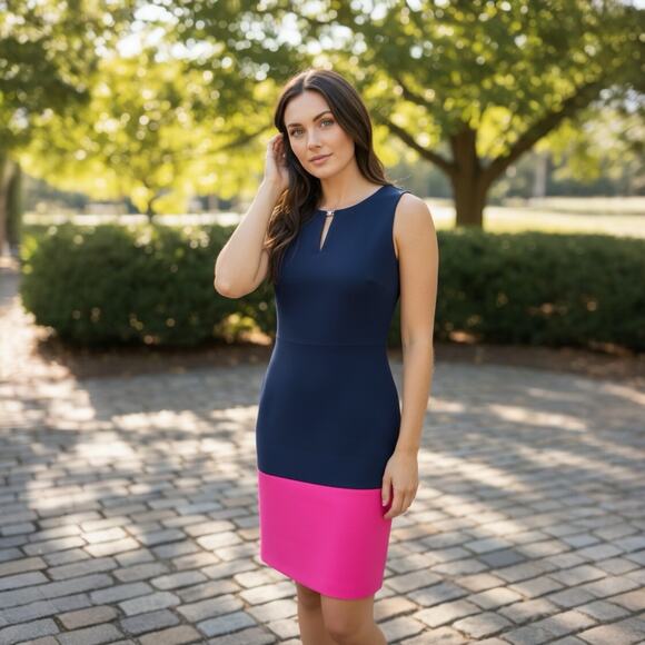 Banana Republic Navy & Hot Pink Colorblock Sheath Dress - Size 00P - Picture 1 of 12